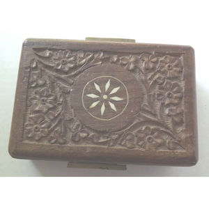 Jewelry Trinket Box Hand Carved Wood With White Inlay Lined -Made in India
